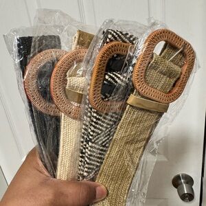 Woven Straw Belt with Rattan Buckle - Natural & Neutral Colors